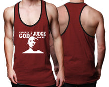 Load image into Gallery viewer, Only God Can Judge Me custom tank top, graphic tees. Black Maroon tank top for men. Black Maroon color racerback tanktop for mens.