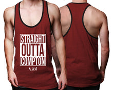Load image into Gallery viewer, Straight Outta Compton custom tank top, graphic tees. Black Maroon tank top for men. Black Maroon color racerback tanktop for mens.