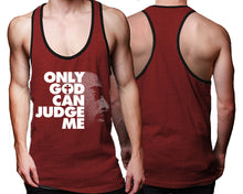Load image into Gallery viewer, Only God Can Judge Me custom tank top, graphic tees. Black Maroon tank top for men. Black Maroon color racerback tanktop for mens.