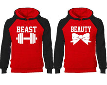 Load image into Gallery viewer, Beast Beauty couple hoodies, raglan hoodie. Black Red hoodie mens, Black Red red hoodie womens.