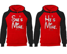 Load image into Gallery viewer, She's Mine He's Mine couple hoodies, raglan hoodie. Black Red hoodie mens, Black Red red hoodie womens.