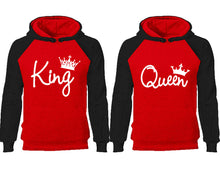 將圖片載入圖庫檢視器 King Queen couple hoodies, raglan hoodie. Black Red hoodie mens, Black Red red hoodie womens.