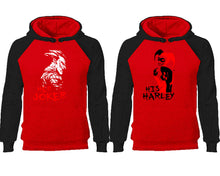 Load image into Gallery viewer, Her Joker His Harley couple hoodies, raglan hoodie. Black Red hoodie mens, Black Red red hoodie womens.