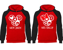Load image into Gallery viewer, Her Jack and His Sally couple hoodies, raglan hoodie. Black Red hoodie mens, Black Red red hoodie womens.