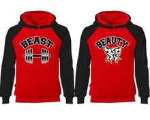 Load image into Gallery viewer, Beast Beauty couple hoodies, raglan hoodie. Black Red hoodie mens, Black Red red hoodie womens.