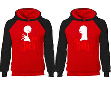 Load image into Gallery viewer, Her Jack His Sally couple hoodies, raglan hoodie. Black Red hoodie mens, Black Red red hoodie womens.