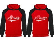 Load image into Gallery viewer, Her King His Queen couple hoodies, raglan hoodie. Black Red hoodie mens, Black Red red hoodie womens.