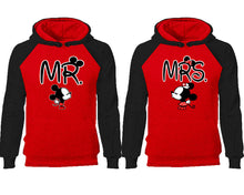 Load image into Gallery viewer, Mr Mrs couple hoodies, raglan hoodie. Black Red hoodie mens, Black Red red hoodie womens.