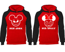 Load image into Gallery viewer, Her Jack and His Sally couple hoodies, raglan hoodie. Black Red hoodie mens, Black Red red hoodie womens.