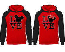 Load image into Gallery viewer, LOVE couple hoodies, raglan hoodie. Black Red hoodie mens, Black Red red hoodie womens.