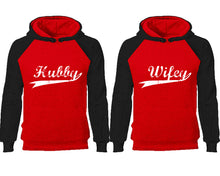 Load image into Gallery viewer, Hubby Wifey couple hoodies, raglan hoodie. Black Red hoodie mens, Black Red red hoodie womens.