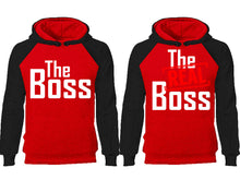將圖片載入圖庫檢視器 The Boss The Real Boss couple hoodies, raglan hoodie. Black Red hoodie mens, Black Red red hoodie womens.