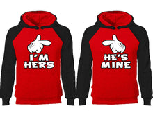 Load image into Gallery viewer, I'm Hers He's Mine couple hoodies, raglan hoodie. Black Red hoodie mens, Black Red red hoodie womens.
