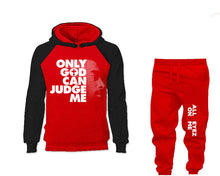將圖片載入圖庫檢視器 Only God Can Judge Me outfits bottom and top, Black Red hoodies for men, Black Red mens joggers. Hoodie and jogger pants for mens