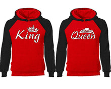 將圖片載入圖庫檢視器 King Queen couple hoodies, raglan hoodie. Black Red hoodie mens, Black Red red hoodie womens.