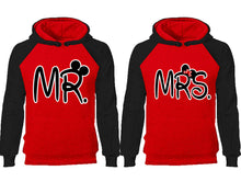 Load image into Gallery viewer, Mr Mrs couple hoodies, raglan hoodie. Black Red hoodie mens, Black Red red hoodie womens.