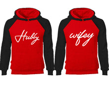 Load image into Gallery viewer, Hubby Wifey couple hoodies, raglan hoodie. Black Red hoodie mens, Black Red red hoodie womens.