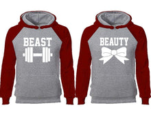 Load image into Gallery viewer, Beast Beauty couple hoodies, raglan hoodie. Burgundy Grey hoodie mens, Burgundy Grey red hoodie womens.