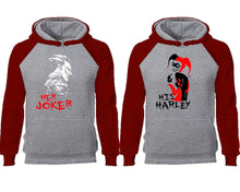 Load image into Gallery viewer, Her Joker His Harley couple hoodies, raglan hoodie. Burgundy Grey hoodie mens, Burgundy Grey red hoodie womens.