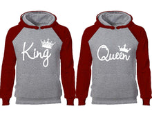 將圖片載入圖庫檢視器 King Queen couple hoodies, raglan hoodie. Burgundy Grey hoodie mens, Burgundy Grey red hoodie womens.