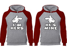 Load image into Gallery viewer, I'm Hers He's Mine couple hoodies, raglan hoodie. Burgundy Grey hoodie mens, Burgundy Grey red hoodie womens.