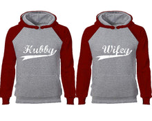 Load image into Gallery viewer, Hubby Wifey couple hoodies, raglan hoodie. Burgundy Grey hoodie mens, Burgundy Grey red hoodie womens.
