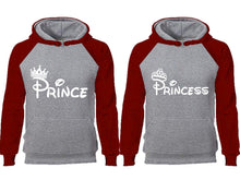 將圖片載入圖庫檢視器 Prince Princess couple hoodies, raglan hoodie. Burgundy Grey hoodie mens, Burgundy Grey red hoodie womens.