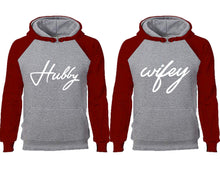 Load image into Gallery viewer, Hubby Wifey couple hoodies, raglan hoodie. Burgundy Grey hoodie mens, Burgundy Grey red hoodie womens.