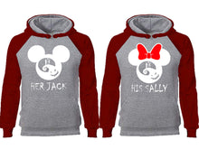 Load image into Gallery viewer, Her Jack and His Sally couple hoodies, raglan hoodie. Burgundy Grey hoodie mens, Burgundy Grey red hoodie womens.