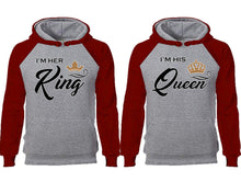 將圖片載入圖庫檢視器 King Queen couple hoodies, raglan hoodie. Burgundy Grey hoodie mens, Burgundy Grey red hoodie womens.