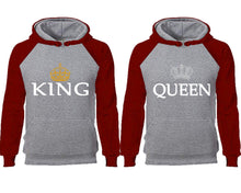 將圖片載入圖庫檢視器 King Queen couple hoodies, raglan hoodie. Burgundy Grey hoodie mens, Burgundy Grey red hoodie womens.