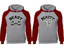 Load image into Gallery viewer, Beast Beauty couple hoodies, raglan hoodie. Burgundy Grey hoodie mens, Burgundy Grey red hoodie womens.