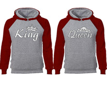 將圖片載入圖庫檢視器 King Queen couple hoodies, raglan hoodie. Burgundy Grey hoodie mens, Burgundy Grey red hoodie womens.