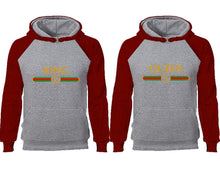 將圖片載入圖庫檢視器 King Queen couple hoodies, raglan hoodie. Burgundy Grey hoodie mens, Burgundy Grey red hoodie womens.