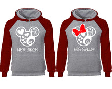 Load image into Gallery viewer, Her Jack and His Sally couple hoodies, raglan hoodie. Burgundy Grey hoodie mens, Burgundy Grey red hoodie womens.