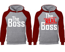 將圖片載入圖庫檢視器 The Boss The Real Boss couple hoodies, raglan hoodie. Burgundy Grey hoodie mens, Burgundy Grey red hoodie womens.