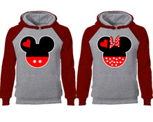將圖片載入圖庫檢視器 Mickey Minnie couple hoodies, raglan hoodie. Burgundy Grey hoodie mens, Burgundy Grey red hoodie womens.
