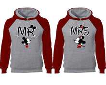 Load image into Gallery viewer, Mr Mrs couple hoodies, raglan hoodie. Burgundy Grey hoodie mens, Burgundy Grey red hoodie womens.