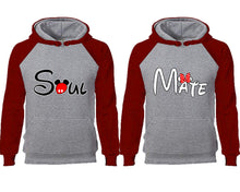 Load image into Gallery viewer, Soul Mate couple hoodies, raglan hoodie. Burgundy Grey hoodie mens, Burgundy Grey red hoodie womens.