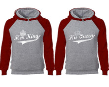 Load image into Gallery viewer, Her King His Queen couple hoodies, raglan hoodie. Burgundy Grey hoodie mens, Burgundy Grey red hoodie womens.
