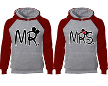 Load image into Gallery viewer, Mr Mrs couple hoodies, raglan hoodie. Burgundy Grey hoodie mens, Burgundy Grey red hoodie womens.