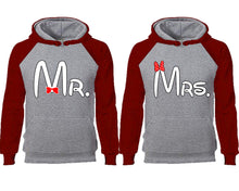 將圖片載入圖庫檢視器 Mr Mrs couple hoodies, raglan hoodie. Burgundy Grey hoodie mens, Burgundy Grey red hoodie womens.