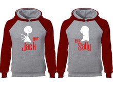 Load image into Gallery viewer, Her Jack His Sally couple hoodies, raglan hoodie. Burgundy Grey hoodie mens, Burgundy Grey red hoodie womens.