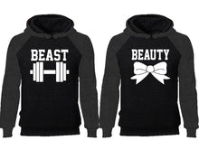 Load image into Gallery viewer, Beast Beauty couple hoodies, raglan hoodie. Charcoal Black hoodie mens, Charcoal Black red hoodie womens.