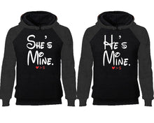 Load image into Gallery viewer, She's Mine He's Mine couple hoodies, raglan hoodie. Charcoal Black hoodie mens, Charcoal Black red hoodie womens.