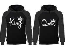 將圖片載入圖庫檢視器 King Queen couple hoodies, raglan hoodie. Charcoal Black hoodie mens, Charcoal Black red hoodie womens.