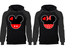 將圖片載入圖庫檢視器 Mickey Minnie couple hoodies, raglan hoodie. Charcoal Black hoodie mens, Charcoal Black red hoodie womens.