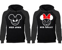 Load image into Gallery viewer, Her Jack and His Sally couple hoodies, raglan hoodie. Charcoal Black hoodie mens, Charcoal Black red hoodie womens.