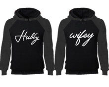 Load image into Gallery viewer, Hubby Wifey couple hoodies, raglan hoodie. Charcoal Black hoodie mens, Charcoal Black red hoodie womens.