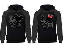 Load image into Gallery viewer, LOVE couple hoodies, raglan hoodie. Charcoal Black hoodie mens, Charcoal Black red hoodie womens.